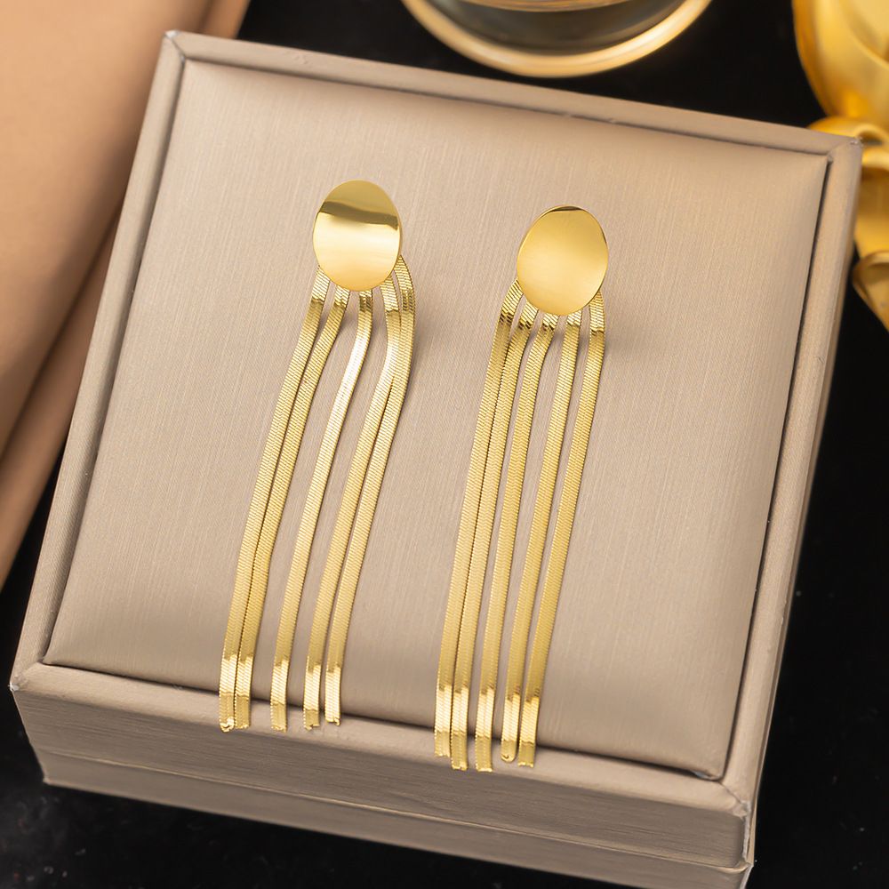 Irregular, High-end, Stylish, Simple Titanium Steel Metal Round Brand Blade, Tassel Earrings For Women_ipsvogv.com