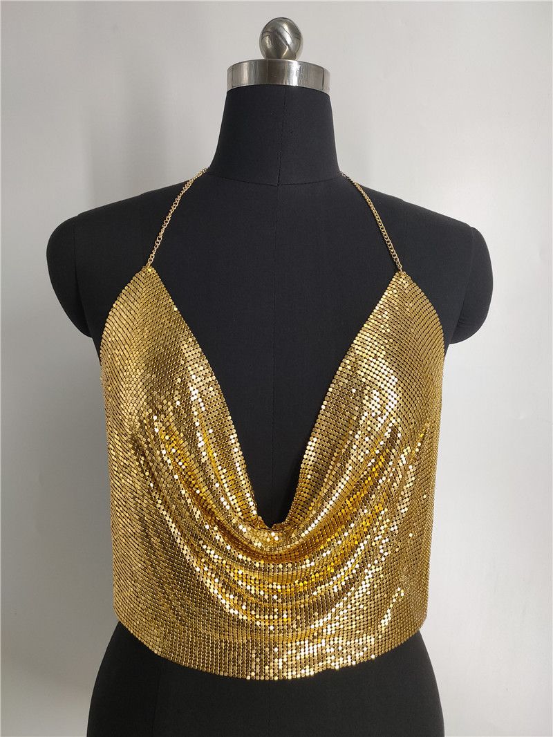 Nightclub sexy seduction sequined diamond thin belt neckline V-neck short top top_ipsvogv.com