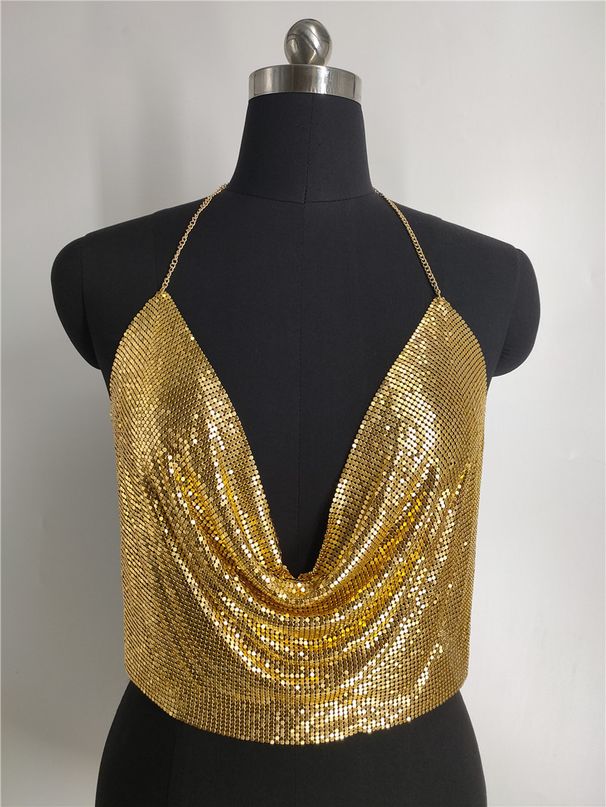 Nightclub sexy seduction sequined diamond thin belt neckline V-neck short top top_ipsvogv.com