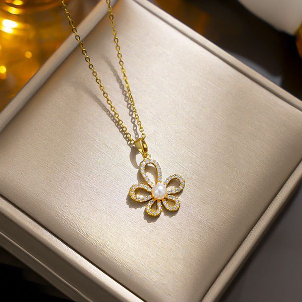 Korean version minimalist flower necklace for women with a high-end sense of fashion, gold flower pearl pendant,_ipsvogv.com
