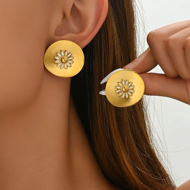 Niche Drip Oil Design Flower for Women, Versatile Countryside Style, Small Daisy, High End, Circular Earrings, Earrings_ipsvogv.com