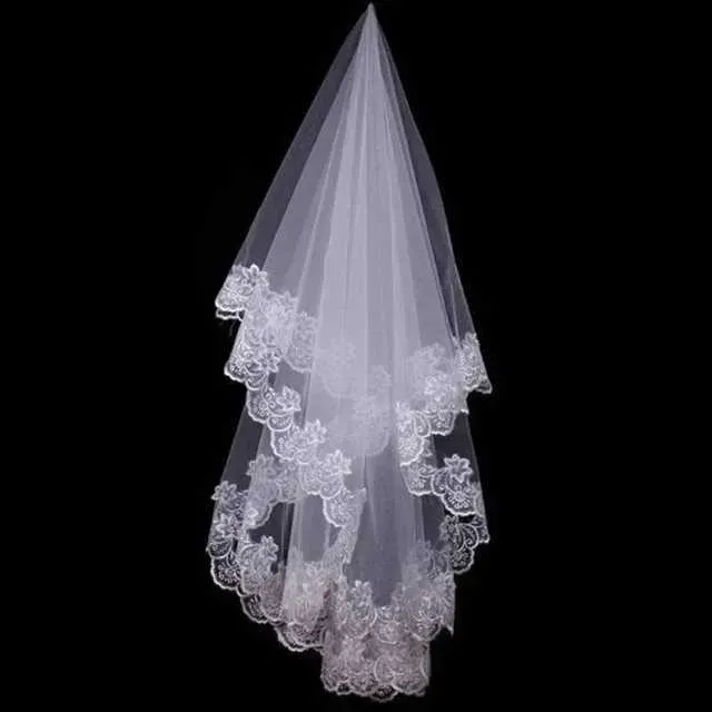 Hair Jewelry Women Bridal Short Wedding Veil White One Layer Lace Flower Edge Appliques_ipsvogv.com