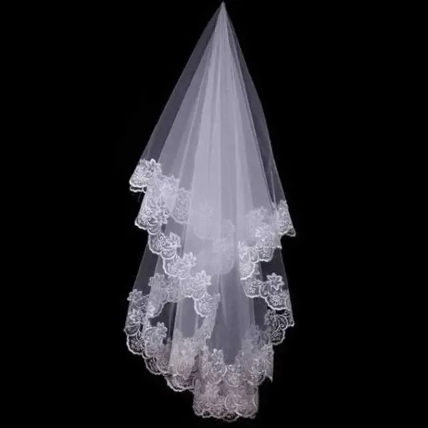 Hair Jewelry Women Bridal Short Wedding Veil White One Layer Lace Flower Edge Appliques_ipsvogv.com