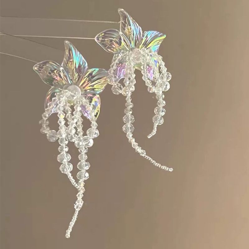 Unisex Forest Style Fresh Crystal Flower Bow Tassel Earrings Super Fairy Fashion Light Luxury Earrings Temperament High End Earrings_ipsvogv.com