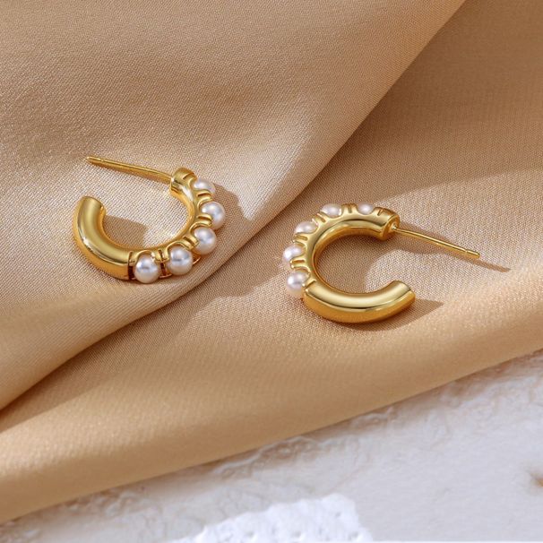 Unisex Brass With Real Gold Plating, Hot Selling Across Fashionable Pearl Studded C Shaped Earrings, Versatile Earrings For Ladies_ipsvogv.com