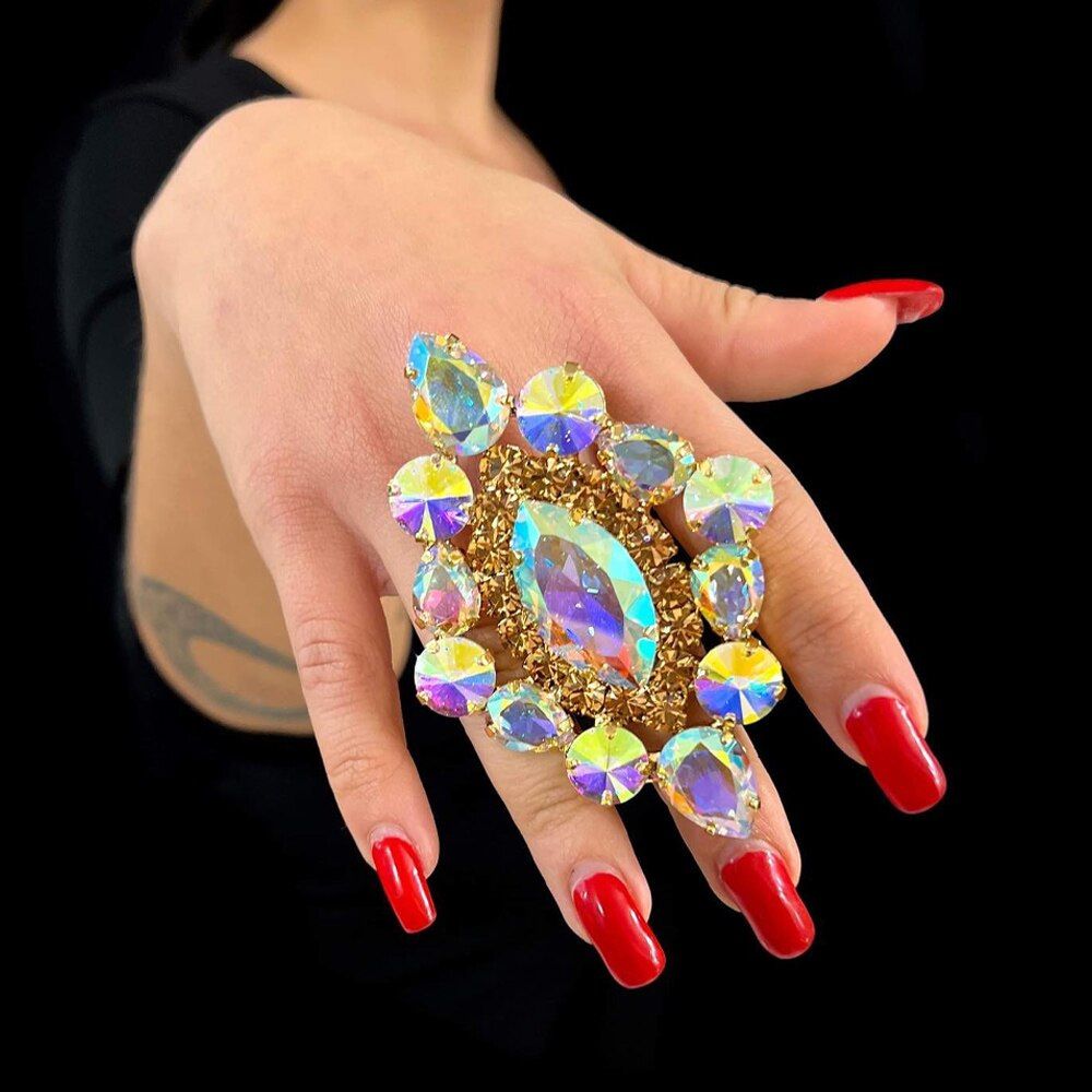 All-match Retro Geometric Gem Colorful ring Women's Hot Selling Exaggerated Oval Opening ring for Children ring_ipsvogv.com