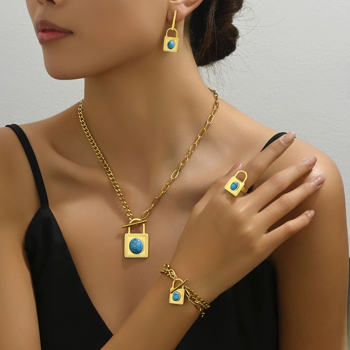 Minimalist Hip Hop Women's Bralet Earring Set with Personalized Inlaid Turquoise Lock Shape, Small Design, Long_ipsvogv.com