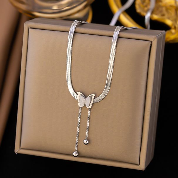 Stainless Gold-plated Frosted Butterfly Pendant With Fashionable Snake Bone Chain And Titanium Steel Tassel Necklace For_ipsvogv.com