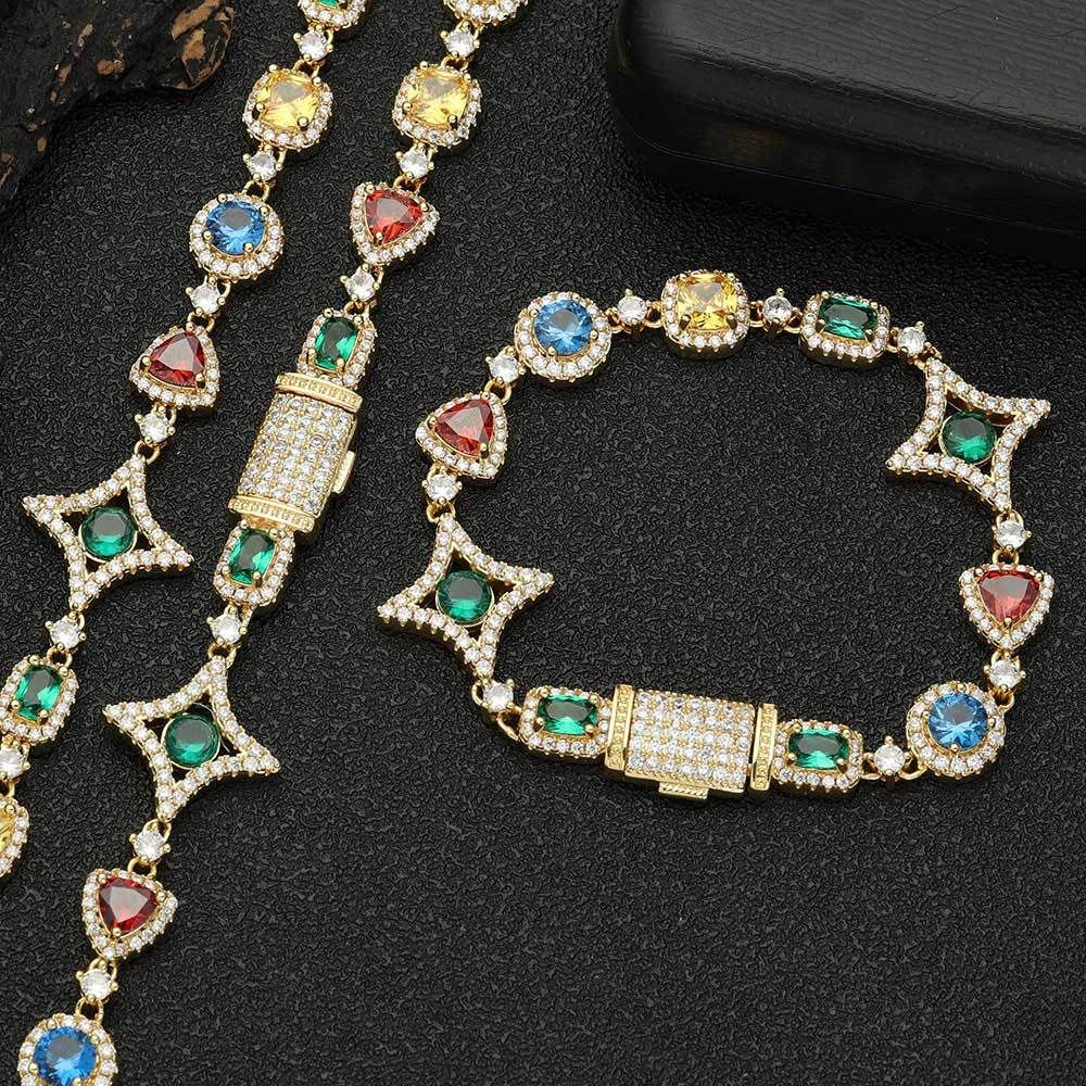 Men's Jewelry Set Fashion Hip Hop Colored Gemstone Necklaces Accessories High End Zircon Men's Bracelets_ipsvogv.com