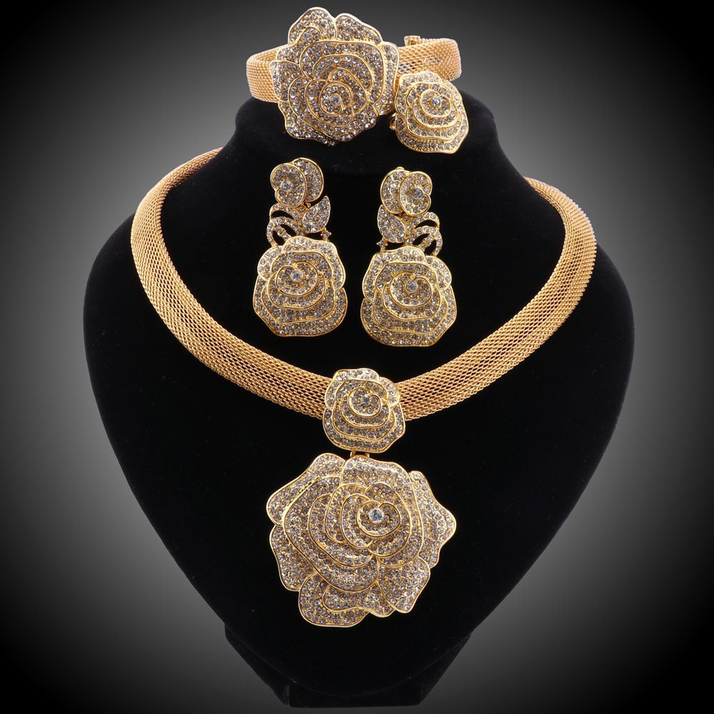 Italian Gold Color Crystal Necklace Earings Bracelet Ring Jewelry Set African Bride Jewelry For Women Wedding Party Gifts_ipsvogv.com