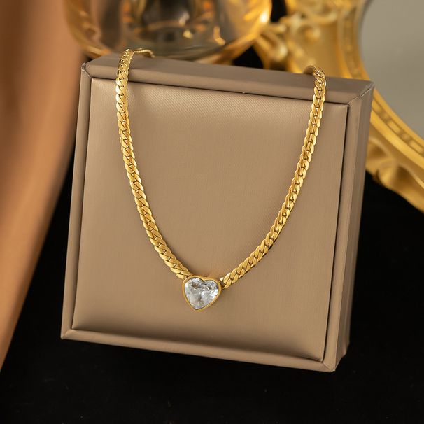 Fashionable White Zircon Titanium Steel Necklace, Women's Gold Simple Heart-shaped Thick Collarbone Chain Accessory_ipsvogv.com