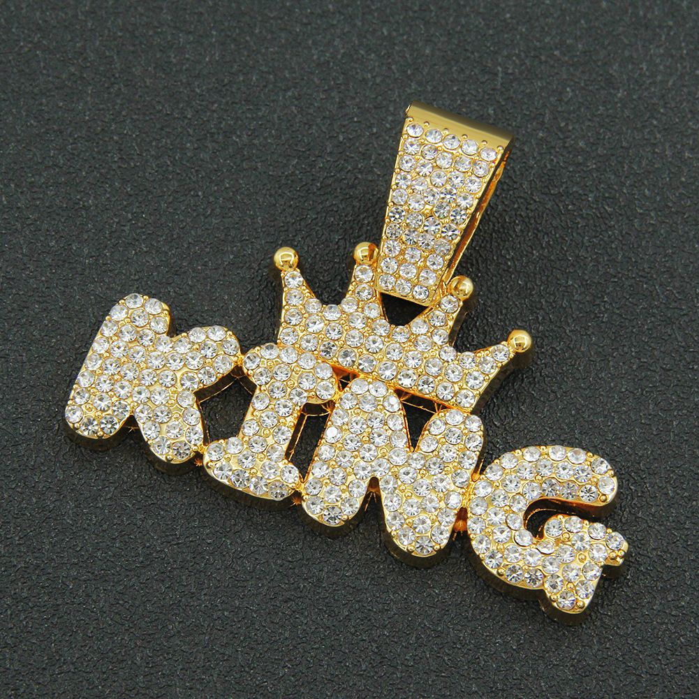 hip hop cool glossy king letter pendant necklace necklace Men's trendy cool Cuban chain accessories_ipsvogv.com