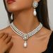 Geometric light luxury style women's pearl necklace earring set, niche crystal inlaid multi-layer design, collarbone_ipsvogv.com