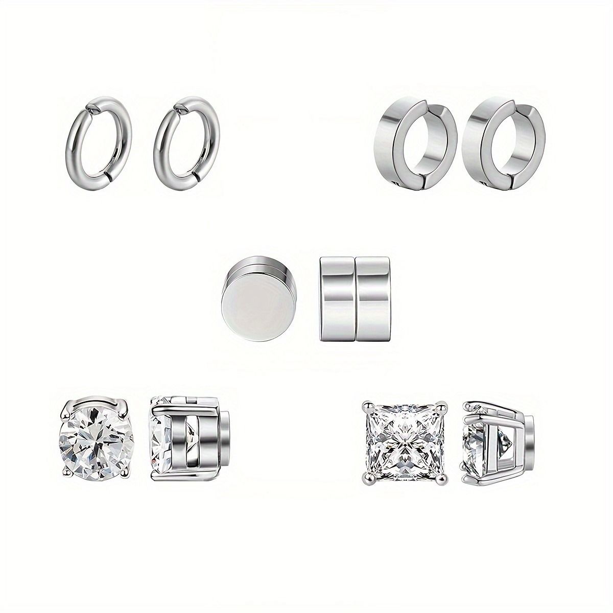 Stainless Steel Round Non Pierced Ear Clips Zircon Ear Studs Combination Set Trendy Men's Non Pierced Ear Magnet Earrings_ipsvogv.com