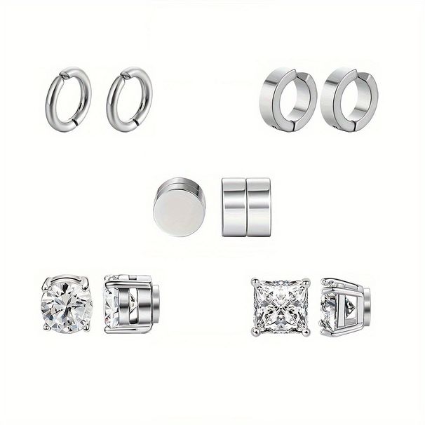 Stainless Steel Round Non Pierced Ear Clips Zircon Ear Studs Combination Set Trendy Men's Non Pierced Ear Magnet Earrings_ipsvogv.com