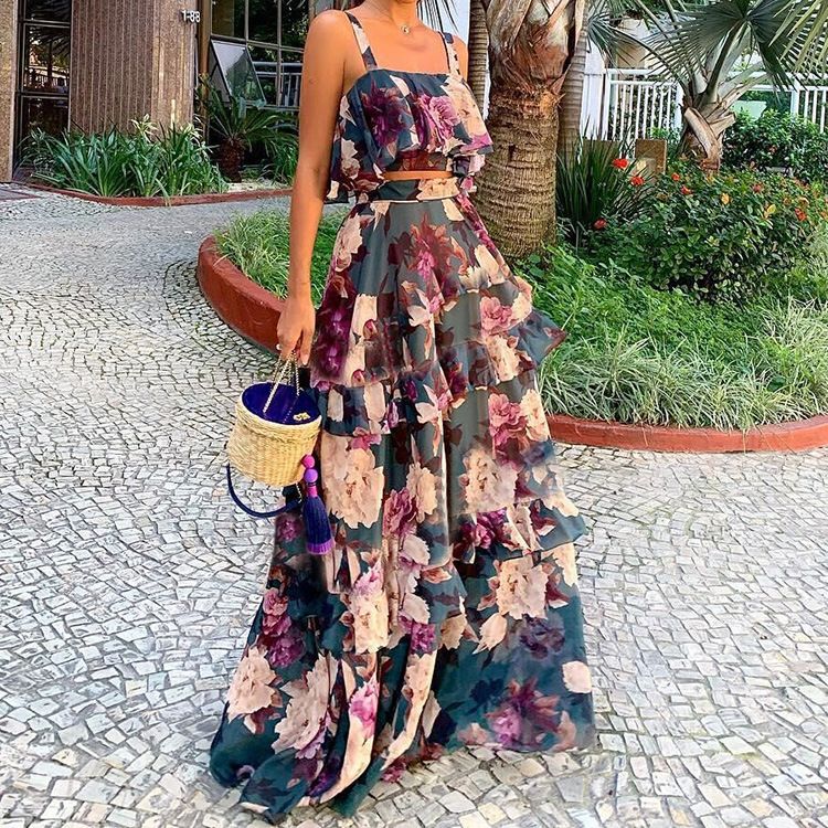 Women's Printed Two-piece Suspender Top + Cake Skirt Long Skirt Suit Women_ipsvogv.com