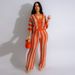 Women's Clothing sexy ladies V-neck hollow striped lapel knitted wide pants suit_ipsvogv.com