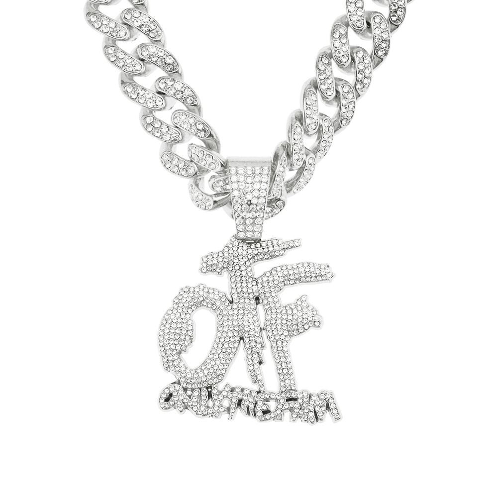 Creative splicing full diamond letter pendant Cuban hip-hop trendsetter street dance costume long men's necklace_ipsvogv.com