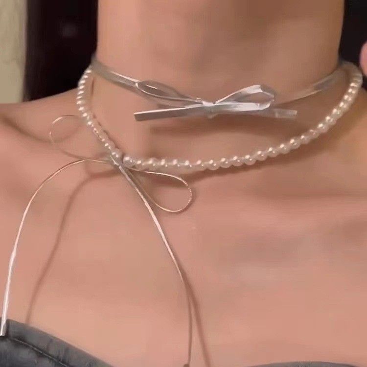Leather Bow Ribbon Pearl Necklace For Women Light Luxury Niche Double Layer Clavicle Chain Unique Design Necklace_ipsvogv.com