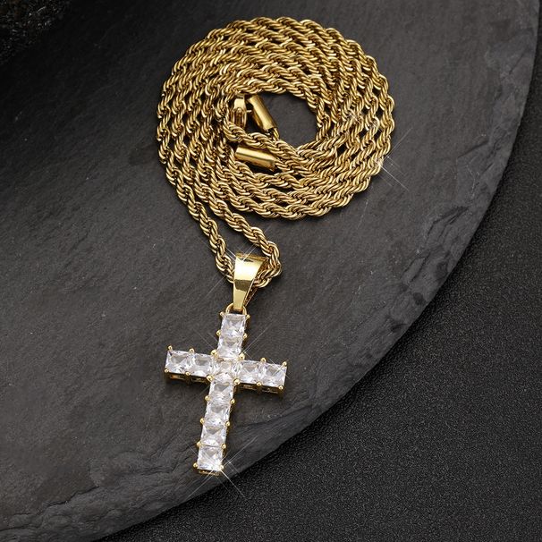 Cross Diamond Pendant Men's Rhinestone Hip Hop Necklace_ipsvogv.com