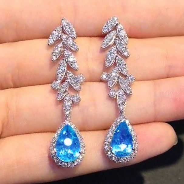 Cao Shi's Light Luxury French Design Sea Blue Zircon Water Droplet Earrings Exquisite and Elegant, Elegant and Elegant, Pear shaped Earrings_ipsvogv.com