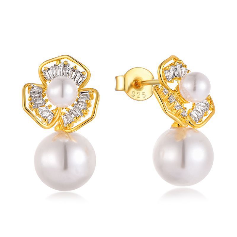 S925 sterling silver real gold electroplating light luxury flower pearl zircon earrings female light luxury niche ear jewelry_ipsvogv.com