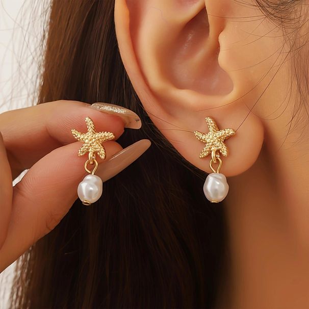 Brass Real Gold Electroplating Personality Creative Design Irregular Pearl Pendant Starfish Shaped Earrings For Women_ipsvogv.com