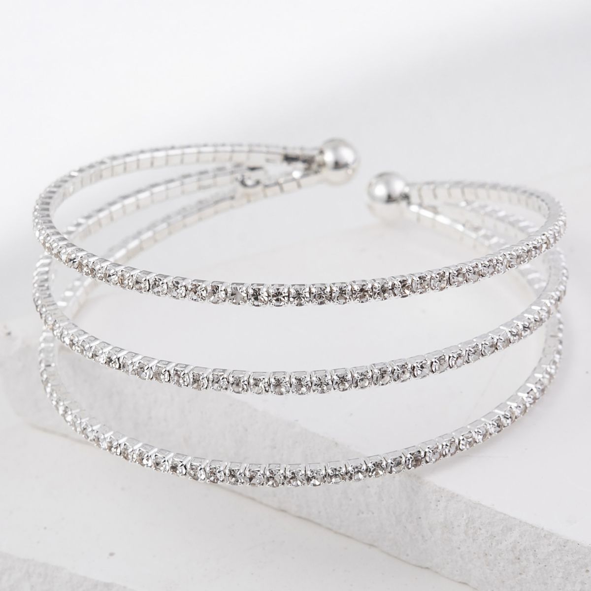 Women's Jewelry 3 Row Elastic Steel Wire Rhinestone Open Bracelet Simple Multi Layer Claw Chain Light Luxury Female Jewelry_ipsvogv.com