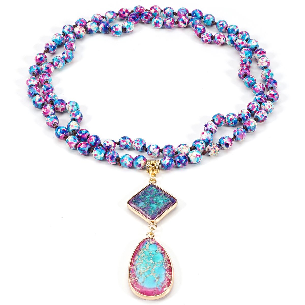 Bohemian Style 8mm Green Turquoise Rain Colored Stone Natural Stone Sweater Chain Necklace Handmade_ipsvogv.com