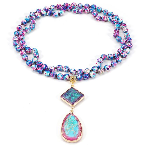 Bohemian Style 8mm Green Turquoise Rain Colored Stone Natural Stone Sweater Chain Necklace Handmade_ipsvogv.com