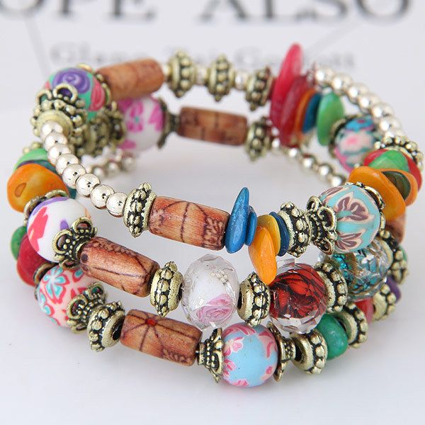 Bohemian Style Turquoise Shell Crystal Accessories Mixed With Multi-layer Beaded Temperament Elastic Bracelet_ipsvogv.com