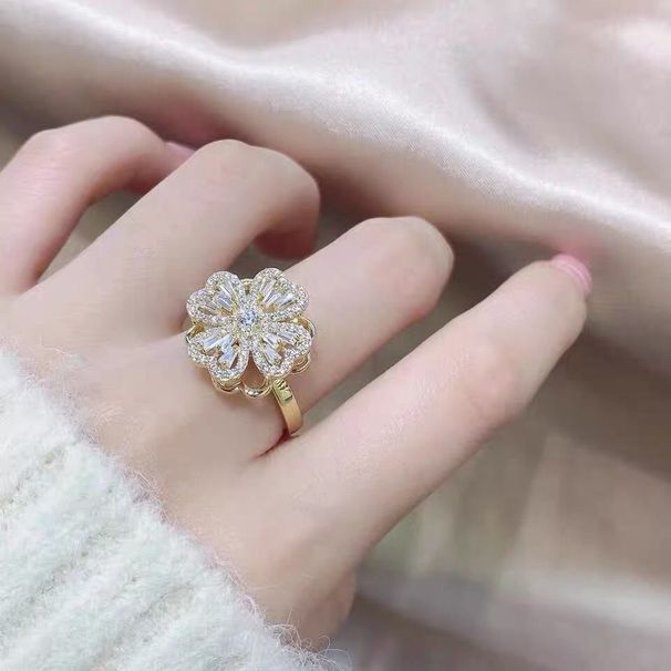 Ring Women's Network Red Lucky Grass Korean Edition Temperament Diamond Embedding Rotable Fashion Index Finger Ring with Adjustable Opening_ipsvogv.com