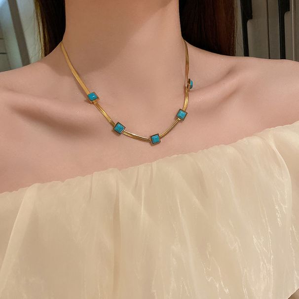 INS Wind Gold Stainless Steel 5 Square Blue Malachite Necklace Colorless Minor Jewelry_ipsvogv.com