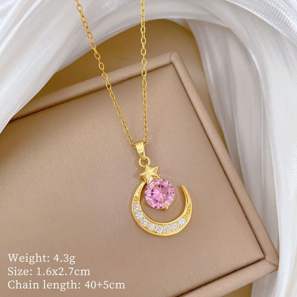 】 Pink 【 Star Moon Light Luxury Charm Gorgeous Full Diamond Necklace Women's Versatile Clavicle Chain Titanium Steel 【 】_ipsvogv.com