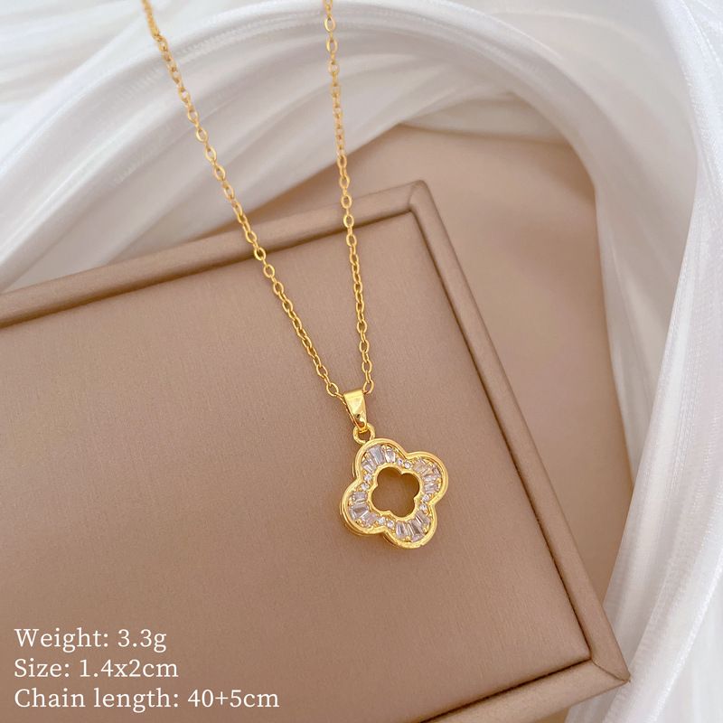 【 Titanium Steel 】 Necklace Earring Light Luxury Full Diamond Four Leaf Flower Zircon Personalized Temperament Banquet_ipsvogv.com