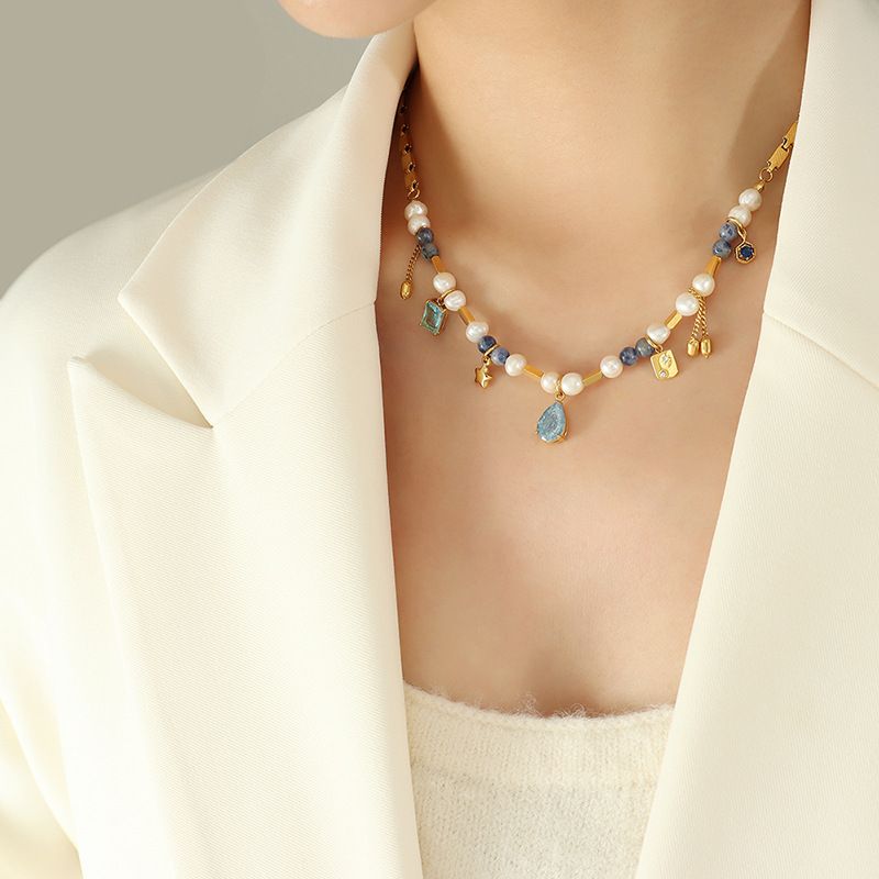French Style Multiple Materials Splicing Heavy Work To Create Natural Stone Freshwater Pearl Necklace Necklace Clavicle Chain For Girls_ipsvogv.com