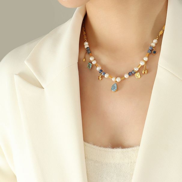 French Style Multiple Materials Splicing Heavy Work To Create Natural Stone Freshwater Pearl Necklace Necklace Clavicle Chain For Girls_ipsvogv.com