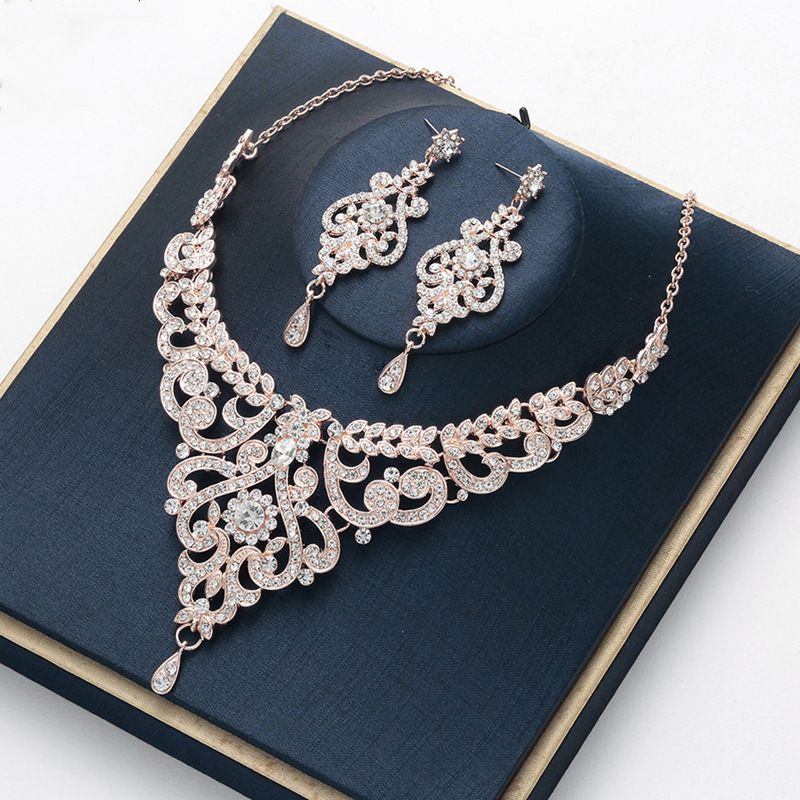 New Rose Gold Necklace Earrings Diamond Jewelry Wedding Dress Evening Gown Accessories Two-Piece Set_ipsvogv.com