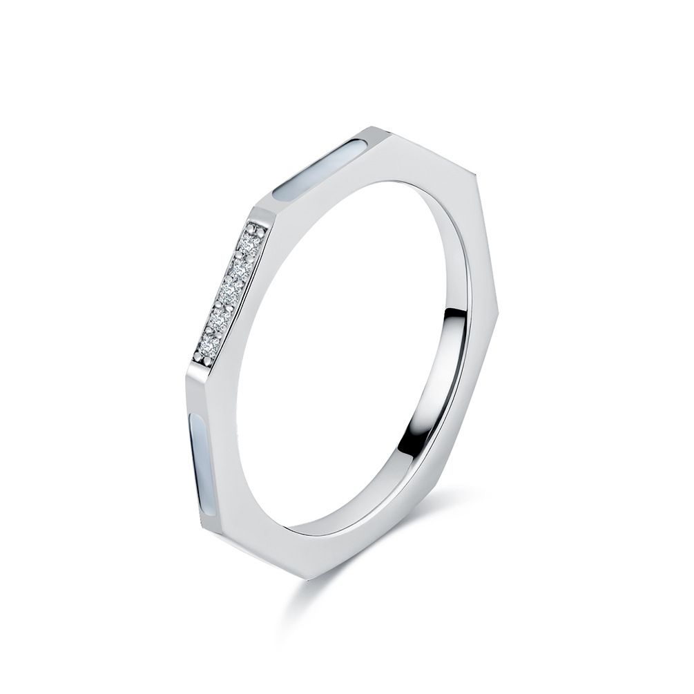 Ins titanium steel diamond white shell tail ring ring octagonal small cut simple design style commuter wear hand jewelry_ipsvogv.com