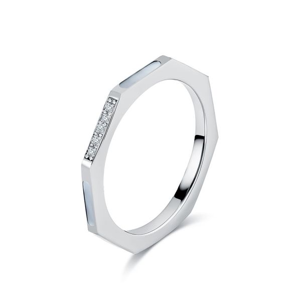 Ins titanium steel diamond white shell tail ring ring octagonal small cut simple design style commuter wear hand jewelry_ipsvogv.com