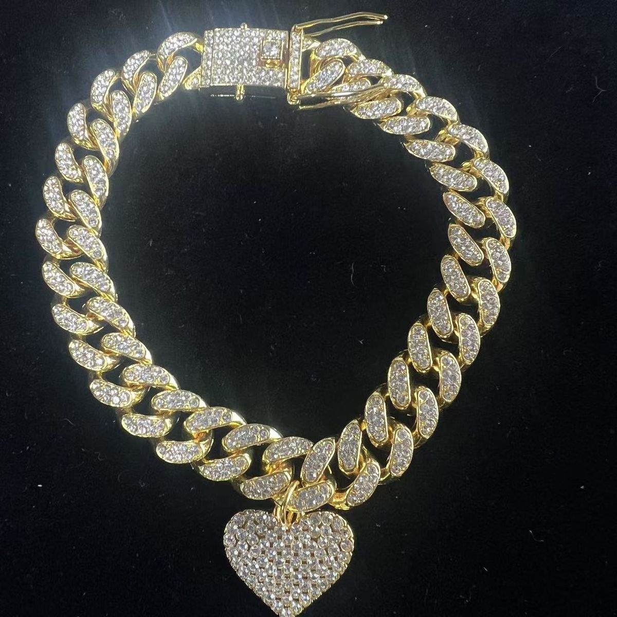 Men's Classic Full Diamond Cuban Chain Splicing Necklace Street Hip-Hop Style Heart Bracelet_ipsvogv.com