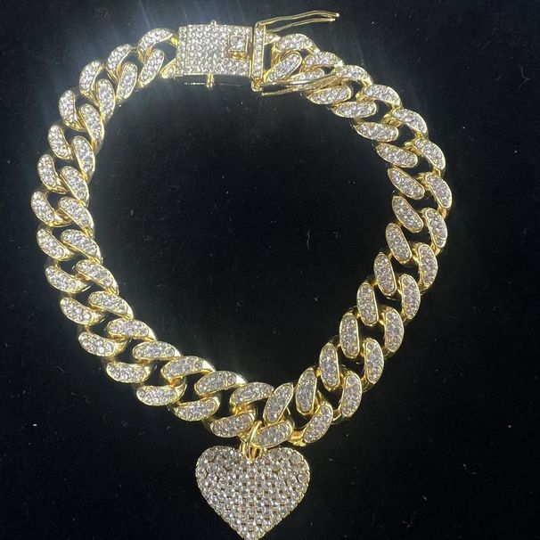 Men's Classic Full Diamond Cuban Chain Splicing Necklace Street Hip-Hop Style Heart Bracelet_ipsvogv.com