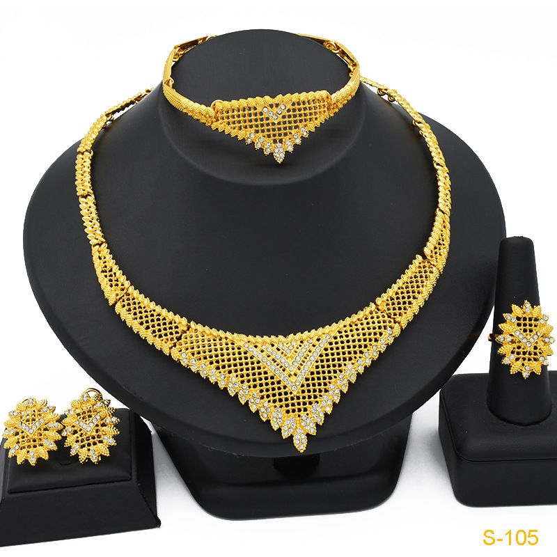 Gold bridal jewelry set Necklace Earrings Bracelet Ring_ipsvogv.com