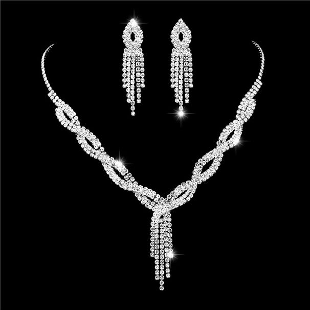Jewelry Rhinestone Necklace Earrings Bracelet Three-Piece Set Bride Wedding Evening Party Accessories_ipsvogv.com