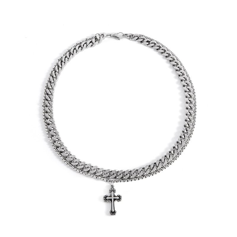 INS Dark Wind Cross Pendant Hip Hop Personality Double Layer Design Titanium Steel Necklace Men's Sweater Chain Sweater_ipsvogv.com