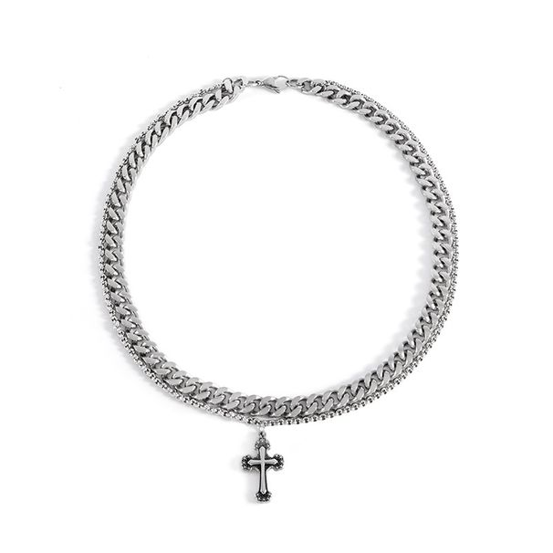 INS Dark Wind Cross Pendant Hip Hop Personality Double Layer Design Titanium Steel Necklace Men's Sweater Chain Sweater_ipsvogv.com