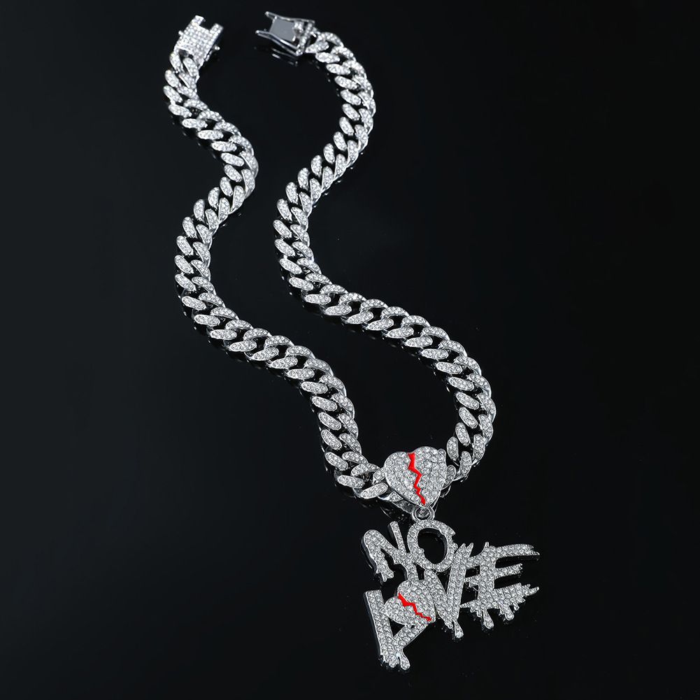 Hip Hop Full Diamond Splicing Love Pendant Men's collarbone Chain Heartbreak Letter NOE Cuban Necklace_ipsvogv.com