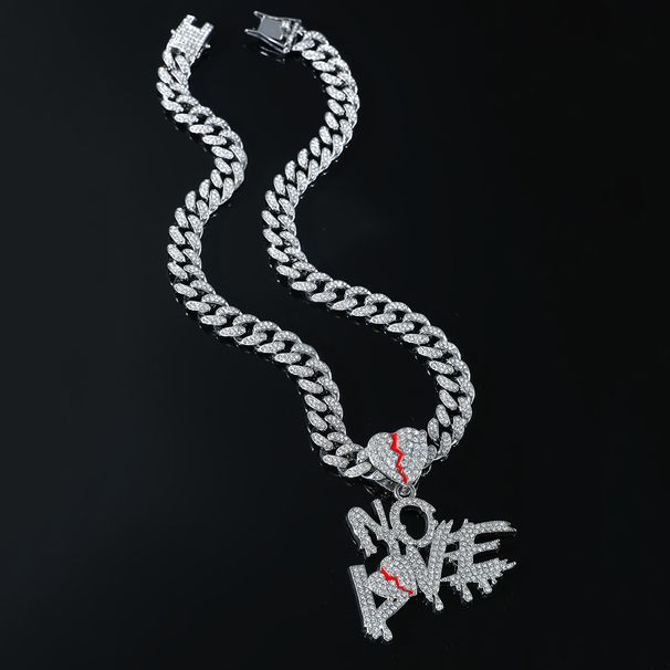 Hip Hop Full Diamond Splicing Love Pendant Men's collarbone Chain Heartbreak Letter NOE Cuban Necklace_ipsvogv.com