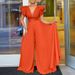 Women's sexy deep V pleated wide leg large size jumpsuit_ipsvogv.com
