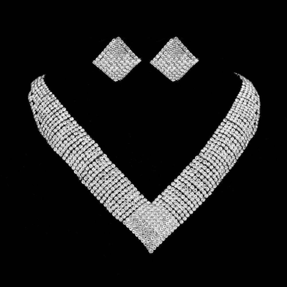 popular atmospheric rhinestone silver plated bridal jewelry necklace bracelet elastic ring suit dress_ipsvogv.com